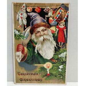 Antique Christmas postcard Santa Claus in Green Robe Purple Hat Saxony